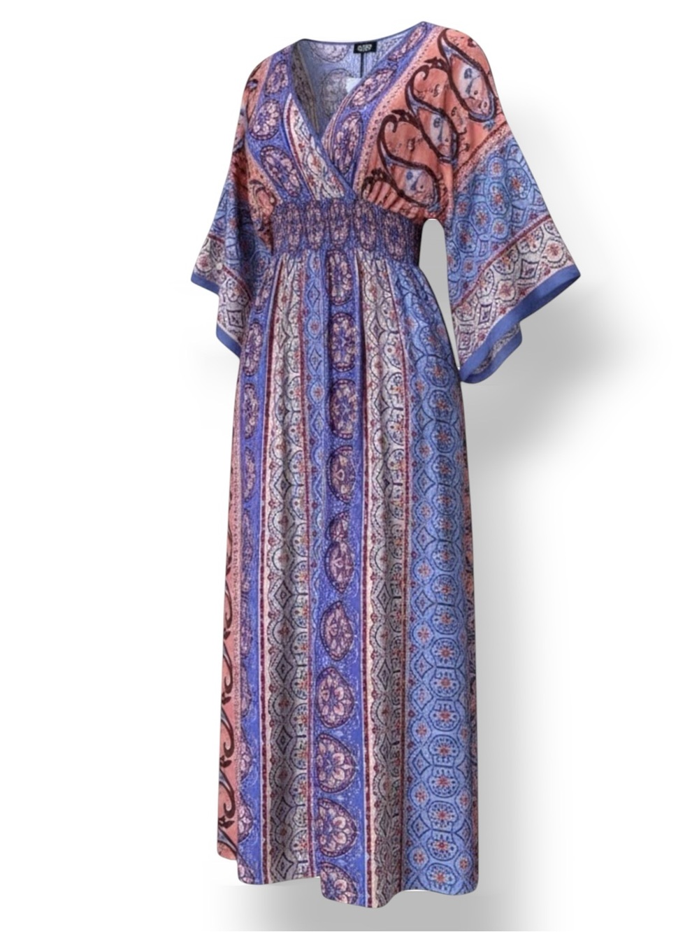 NWT Gigio kimono dress maxi paisley blue-smocked waist pockets vertical stripe S